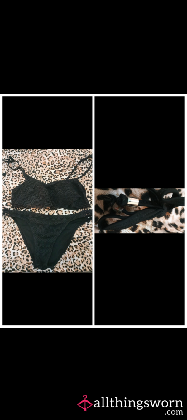 💋All Black Bikini With Lace Like Detail & Cute Gold Beads On The Straps💋