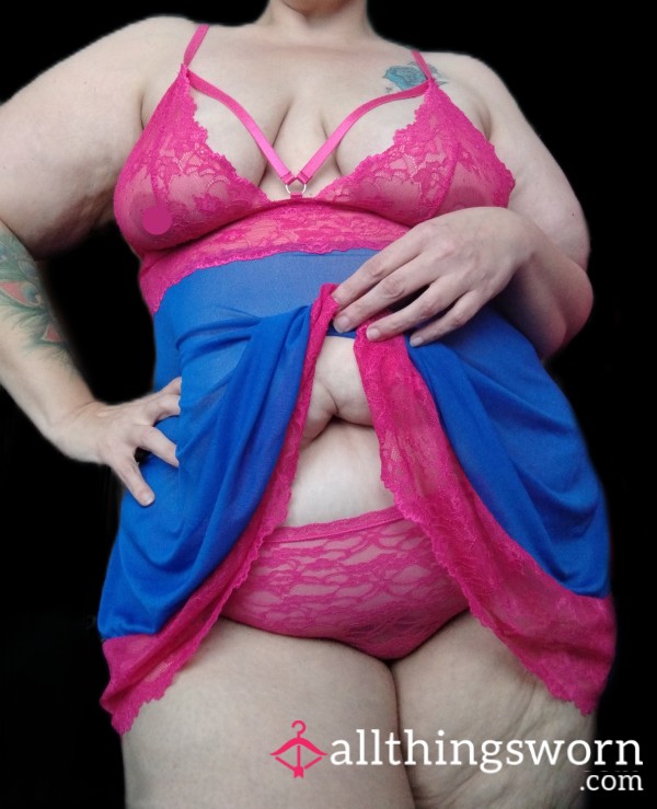 BBW's FAVORITE Hot Pink & Cobalt Blue Babydoll W/ Color Match Panties