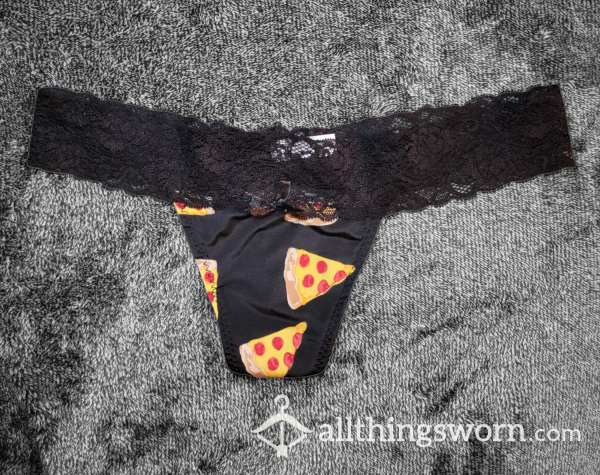 Black Lace & Silk Fabric Pizza Pattern Thong