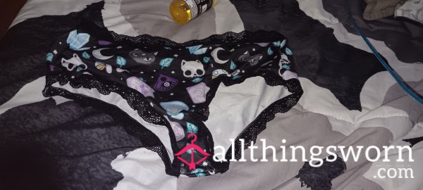 Black Nylon Skull Hands & Kitty Cheeky Panties W/ Lace Trim Size- XL