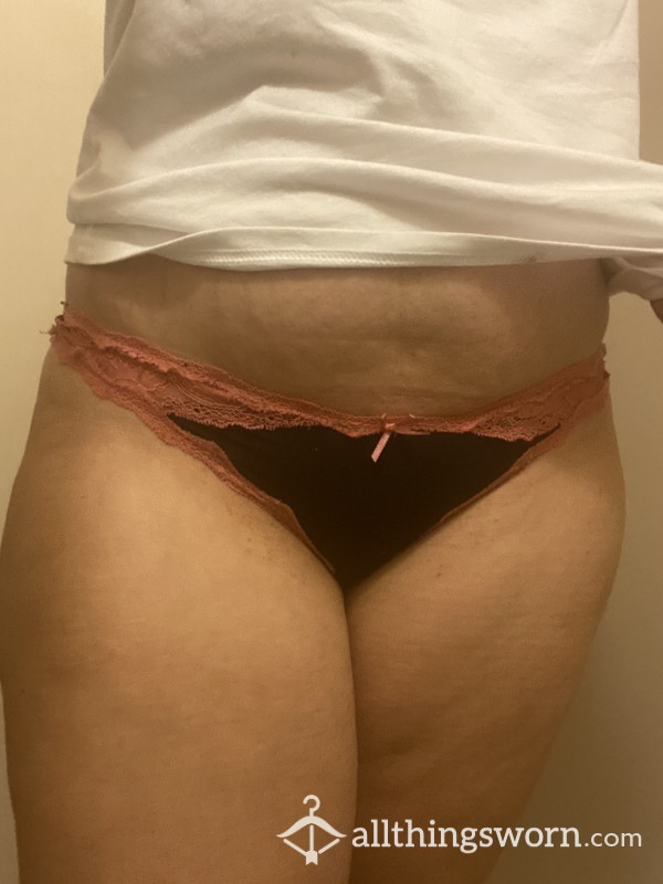 Black, Pink Lace Trim Nylon Thong/g String - Well Worn