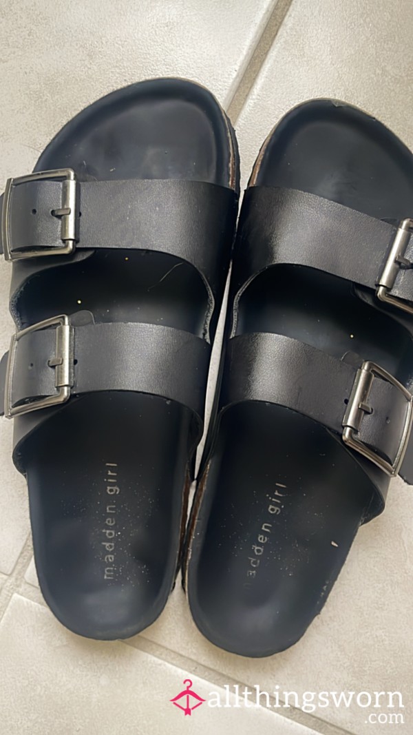 **Black Rubber Chunky Sole Buckle Detail Sling Back Sandals**