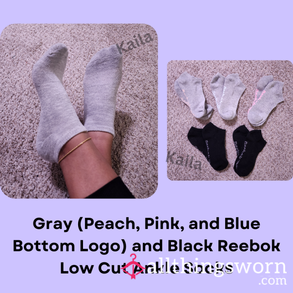 Gray (Peach, Pink, And Blue Logo Bottom) And Black Low Cut Ankle Rebook Socks