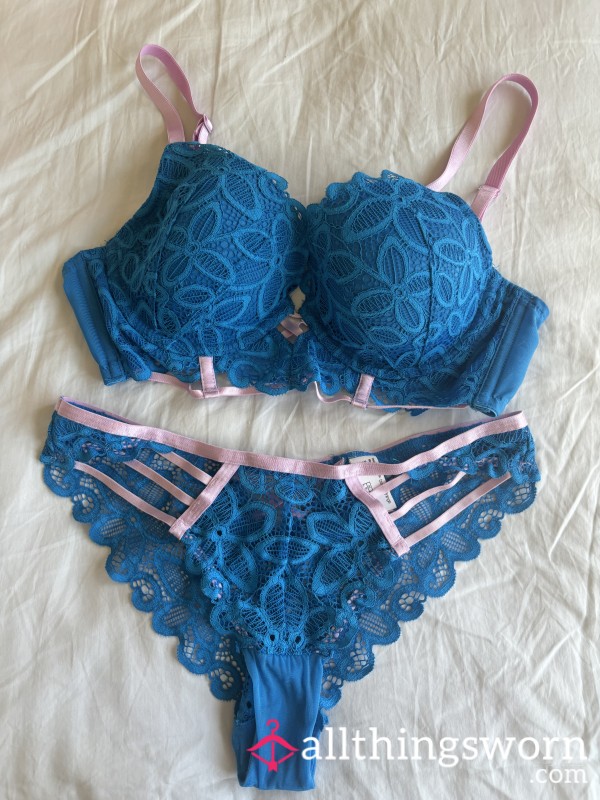 Blue And Pink Push Up Bra And Panties Set