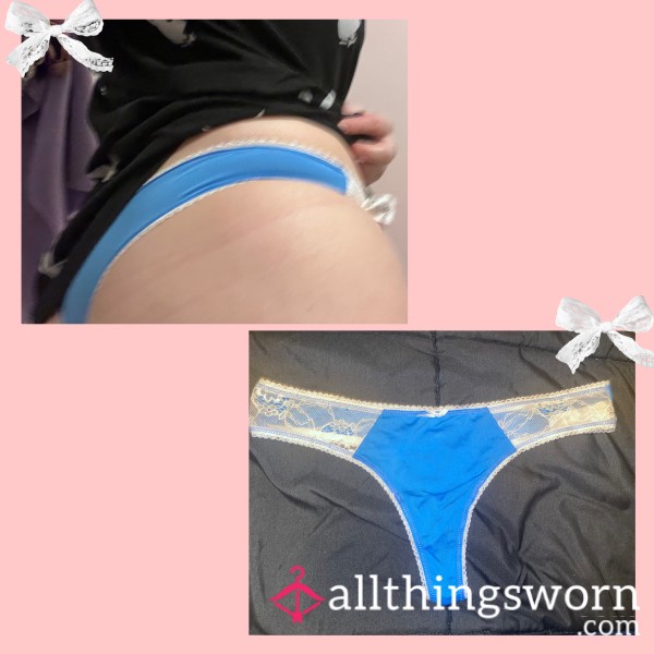 BLUE AND WHITE LACE THONG - MEDIUM - WORN FOR 24 HOURS 💦