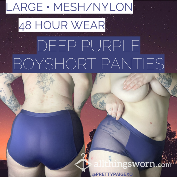Boyshort Panties 💜 Deep Purple, Mesh & Nylon 💋 Large, 48hr Wear