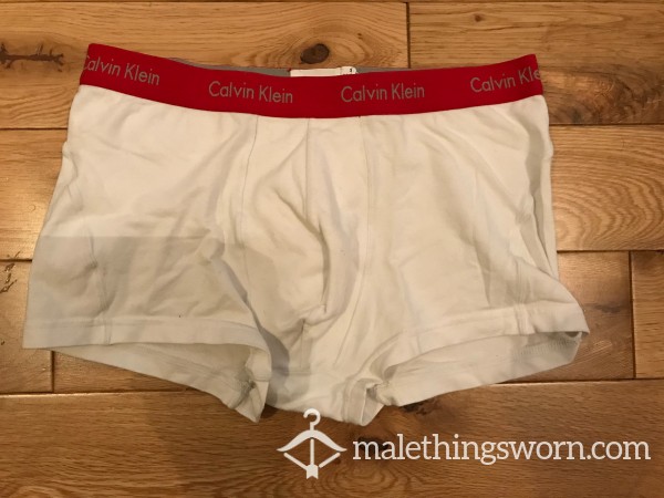 Calvin Klein Tight Fitting White Boxer Trunks With Red Waistband (S)