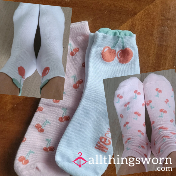 🍒🤍 Cherry Print Socks White Or Pink, Very Soft Cotton