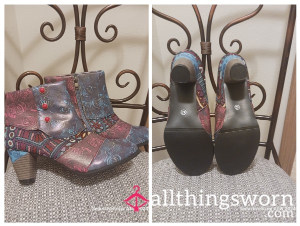 Colorful Tapestry Ankle Boots With Chunky Heel