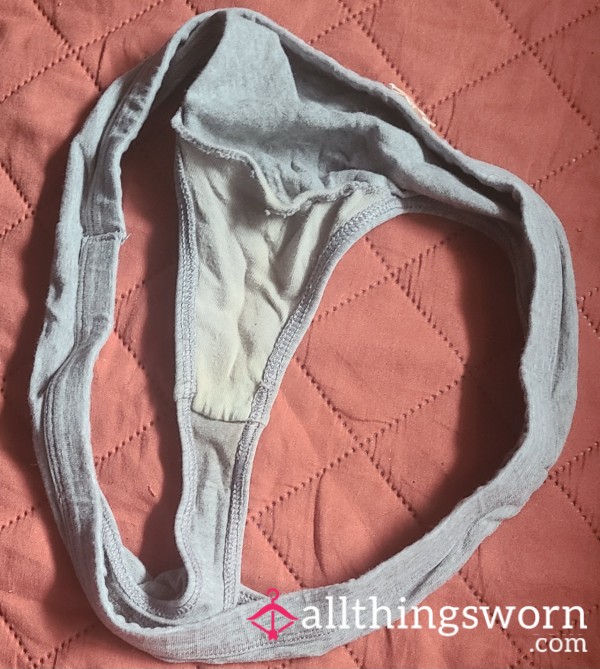 Cute Bow Small Grey Thong - Heavily Stained Gusset