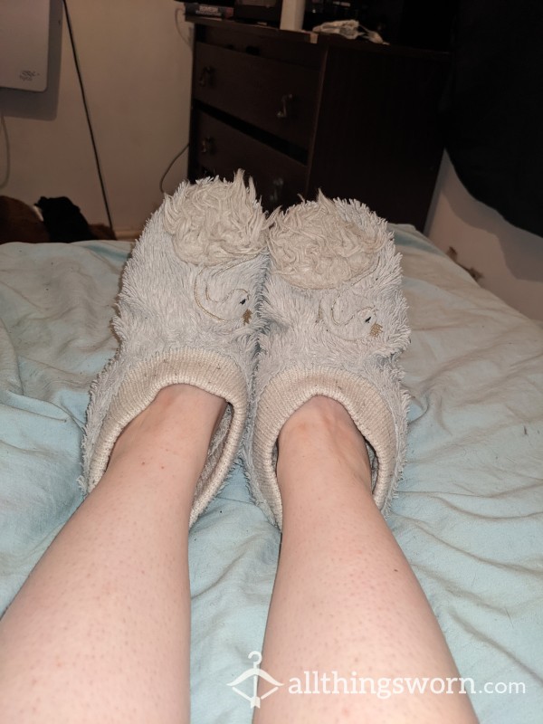 Fluffy White Swan Slippers Well Worn