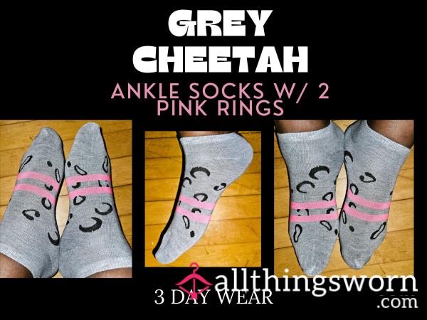 Grey Cheetah W/ 2 Pink Rings Ankle Socks-3 Day Wear Or Extended