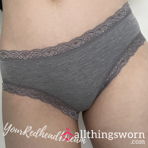 Grey Lace Leg Detail Cotton/Spandex Full Back Panties