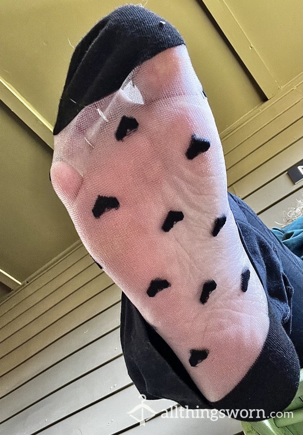 🖤 Large Sheer Nylon Socks W/ Black Hearts | Size 9.5 Feet | 24 Hr Wear🖤