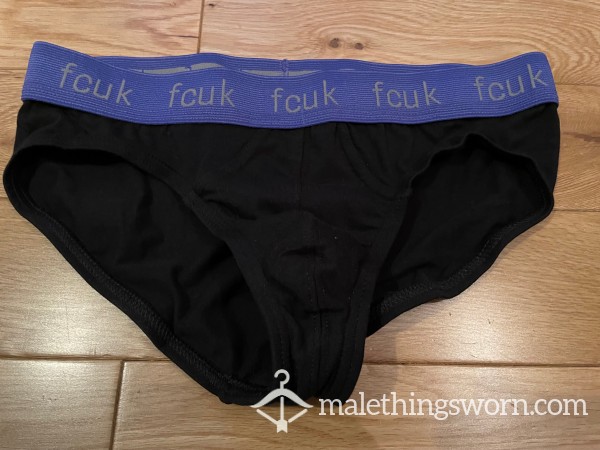 Men's FCUK Black Tight Fitting Briefs With Purple Waistband (S)