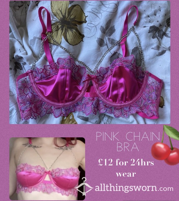 My Pink Satin Flor*l & Chain Detail Bra💖