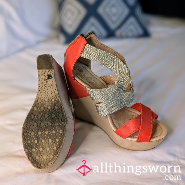 Old Dirty Wedge Heels- Orange W/silver