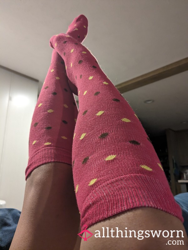 Pink Knee Highs With Brown And Yellow Polka Dots.