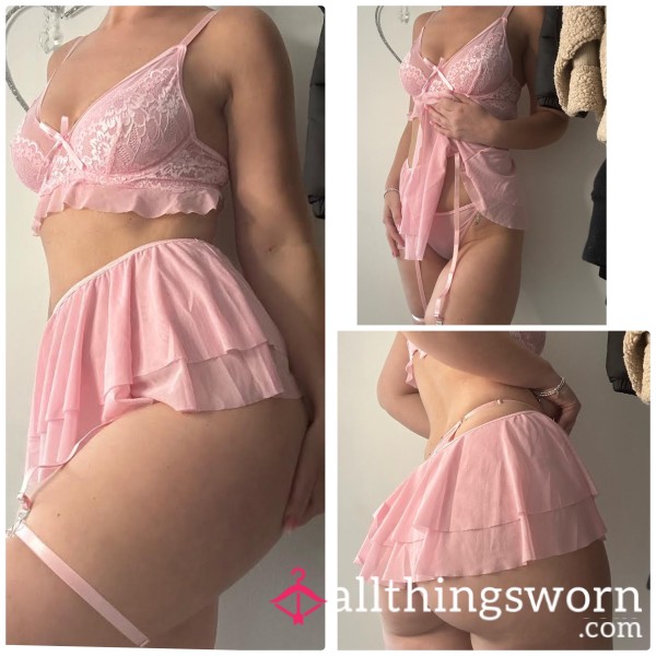 Pink Mesh Lingerie Skirt Set