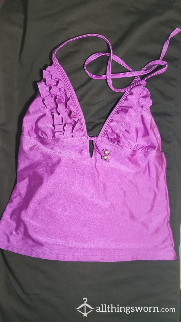 Purple Swim Top With Neck Ties And P**k-a-boo Hole W/ Ruffles Around Cleavage