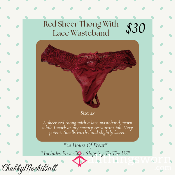 BBW Red Sheer Thong With Lace Wasteband