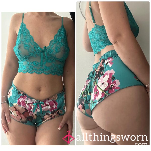 Satin And Lace Teal Set