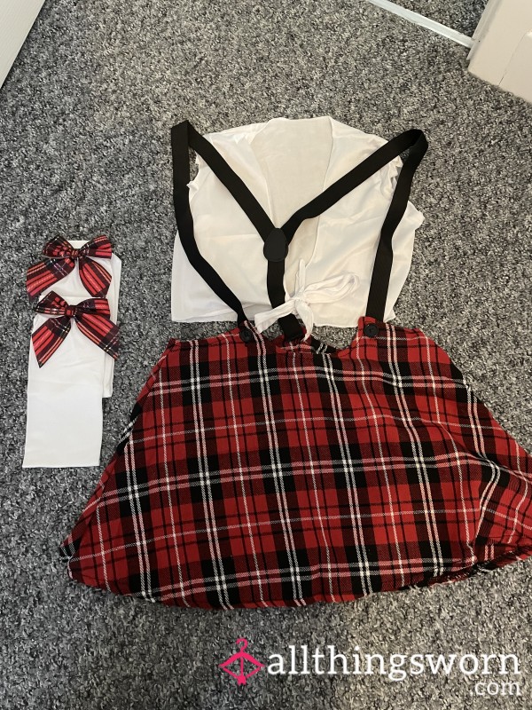 School Girl Tartan Pinafore Skirt, Tie Top And Bow Socks