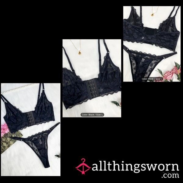 S**Y BLACK BRA & THONG SET, SIZE LARGE