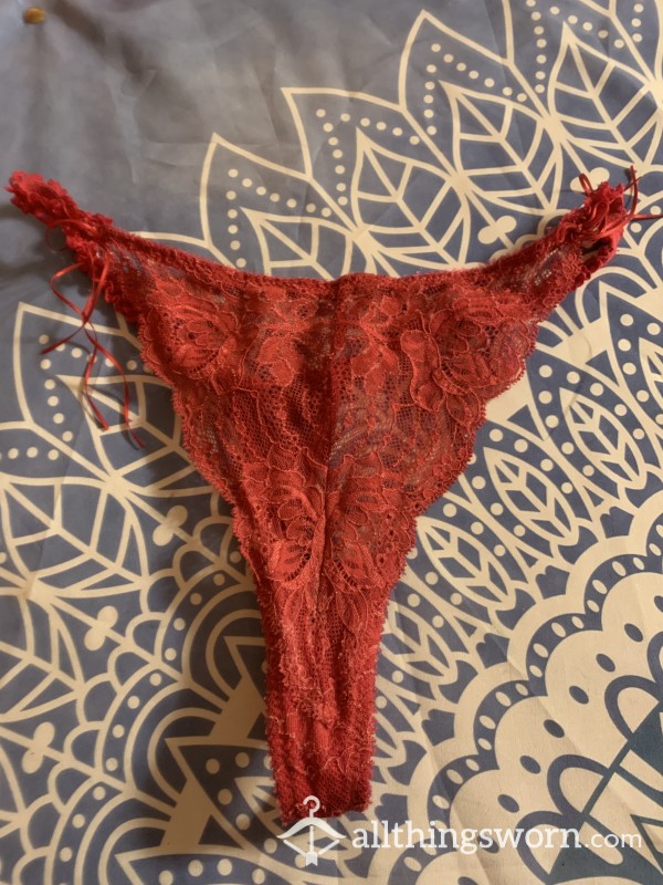 S**y Red Lacey Thong Worn For 2 Days And During Masturbation