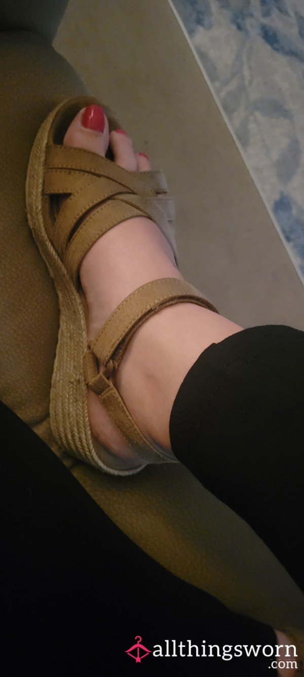 Tan Wedge Sandals With Velcro Strap
