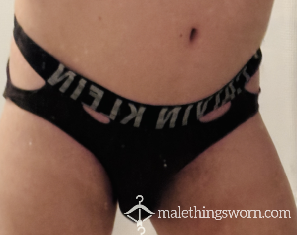 TORN BLACK CALVIN BRIEFS 5 DAYS WORN AND GOING ON 5 MORE TO GO