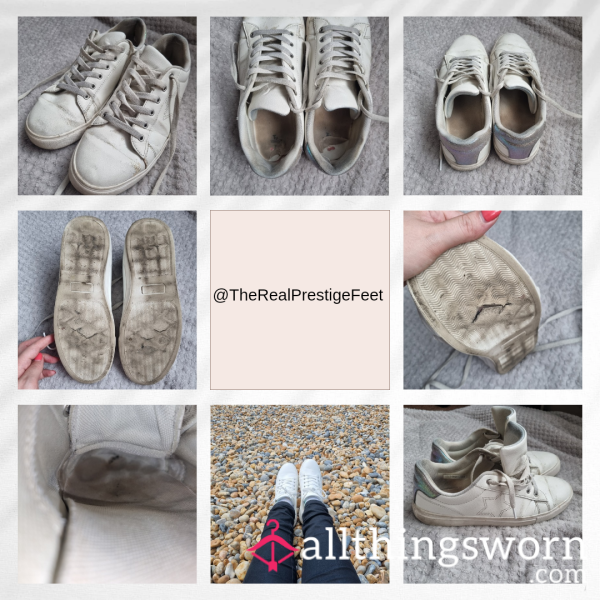 Trashed White Court Style Trainers With Iridescent Detailing | Size UK 7 | Scented And Holes In Soles | Includes Pics & Clip - From £30.00 + P&P