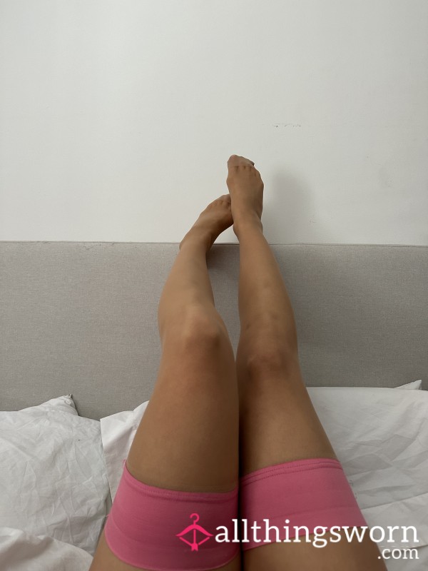 USED Sheer Tan Stockings With Pink Hold Up