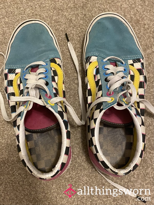 Very Worn In Color Block, Checkered Suede Vans, Women’s Size 9.5