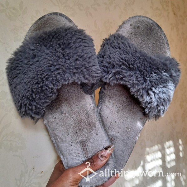 Well Worn Fuzzy Grey Slippers