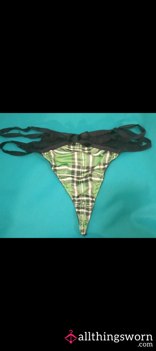 💋Well Worn Green Silky & Stretchy Plaid Thong