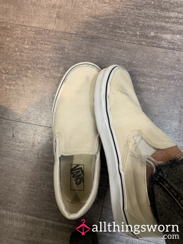 White Flat Slip On Vans No Socks Worn