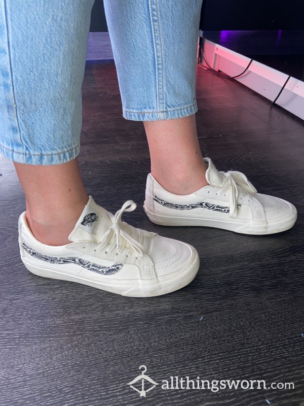 White Worn Vans With Snake Print Detail