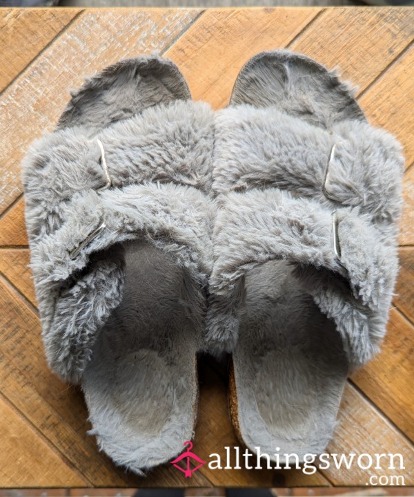 Worn Grey Birk Style Fuzzy Slippers