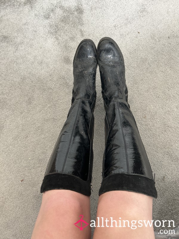 Worn Patent Leather Knee High Boots