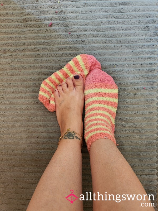 Yellow And Pink Striped Fuzzy Socks